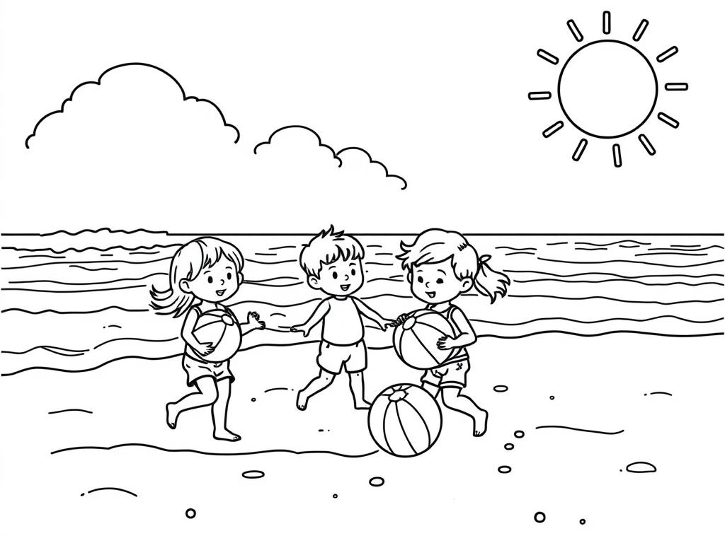 Beach ball fun summer coloring page with children playing with beach balls Beach ball fun summer coloring page with children playing with beach balls