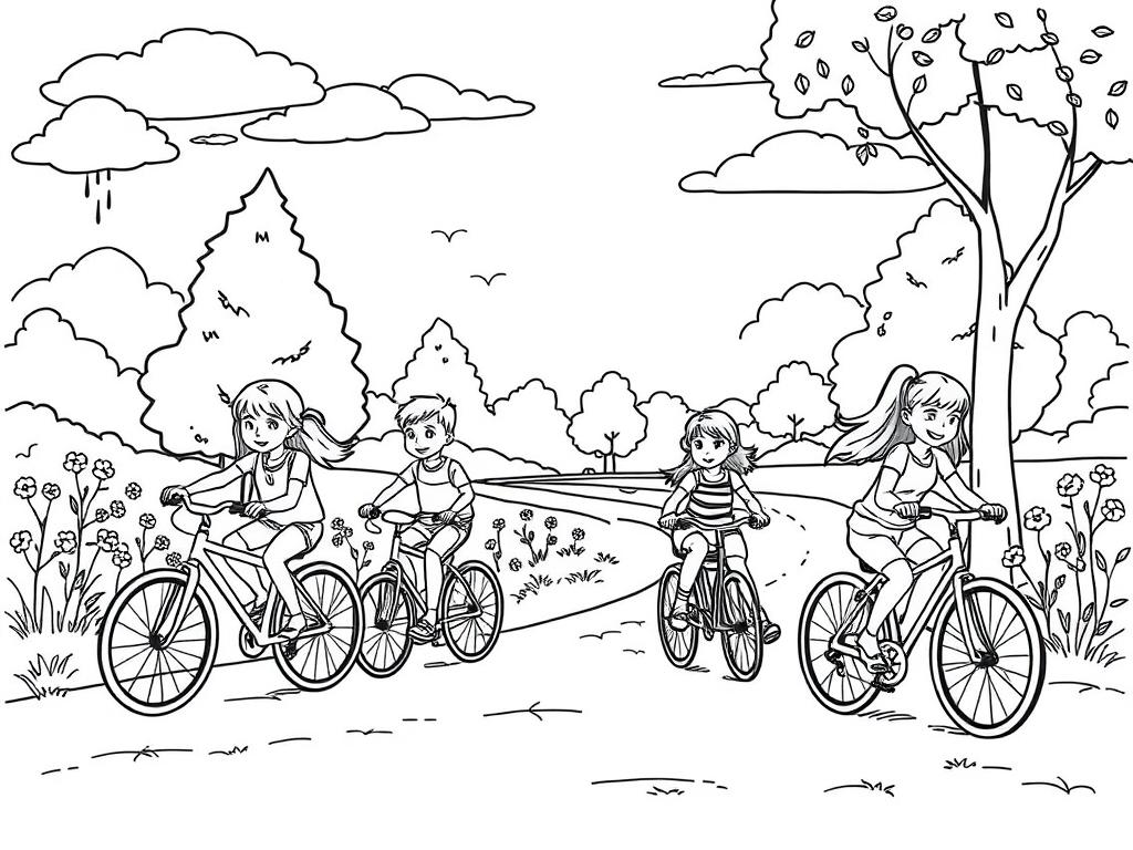 Bike riding summer coloring page with children riding bicycles Bike riding summer coloring page with children riding bicycles