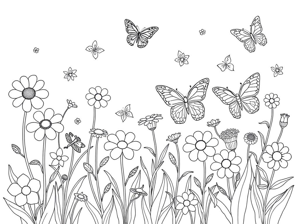 Butterfly garden summer coloring page with flowers and butterflies Butterfly garden summer coloring page with flowers and butterflies