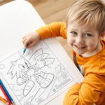 Child coloring a Sonic the Hedgehog page with colored pencils