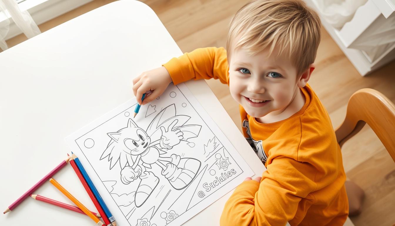 Child coloring a Sonic the Hedgehog page with colored pencils