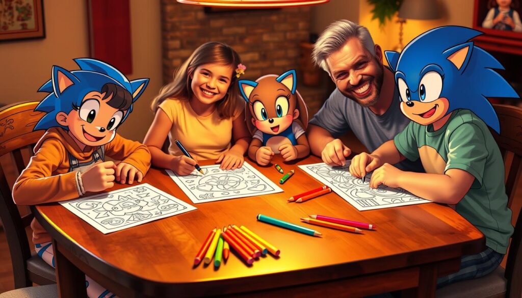 Child happily coloring a Sonic page with family Child happily coloring a Sonic page with family