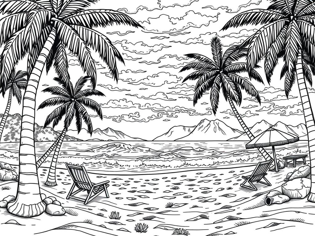 Detailed beach landscape summer coloring page with realistic beach scene Detailed beach landscape summer coloring page with realistic beach scene