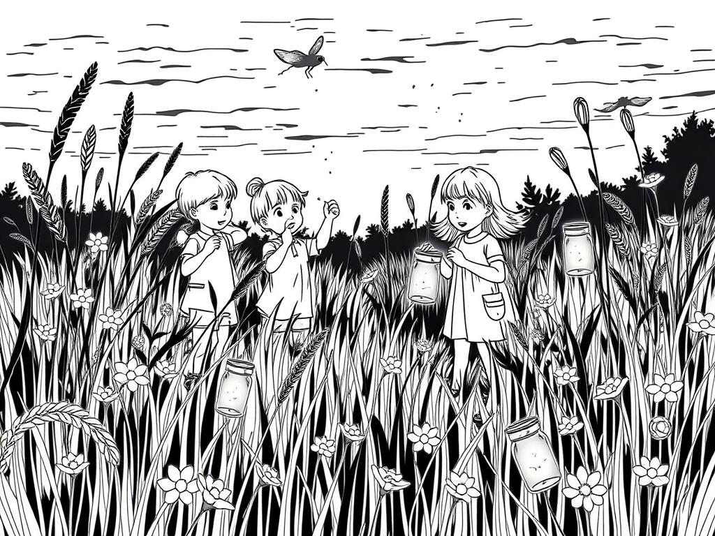 Firefly meadow summer coloring page with children catching fireflies Firefly meadow summer coloring page with children catching fireflies