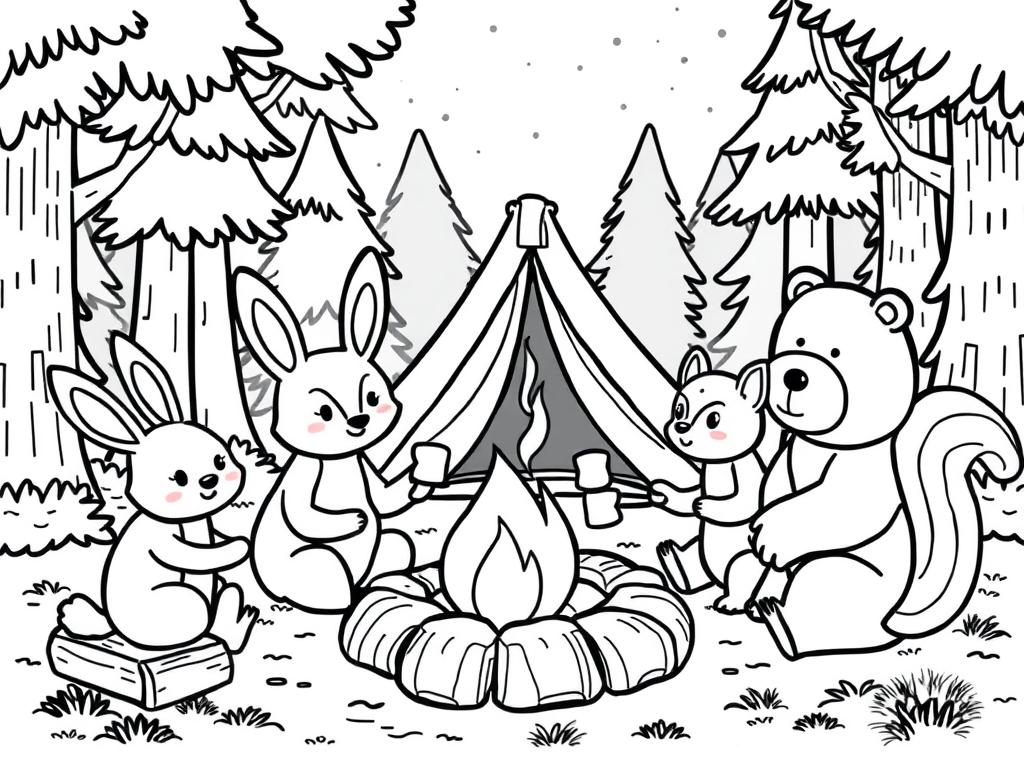 Forest friends campfire summer coloring page with animals roasting marshmallows Forest friends campfire summer coloring page with animals roasting marshmallows