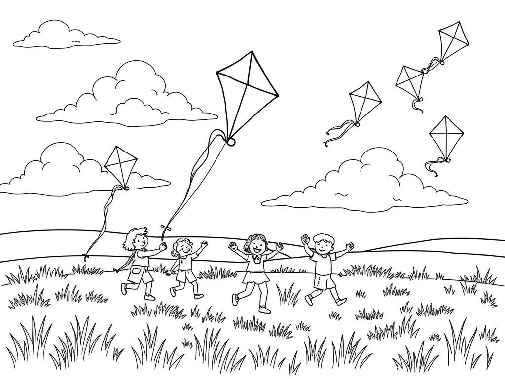 Kite flying summer coloring page with children flying kites in a field Kite flying summer coloring page with children flying kites in a field