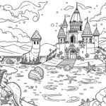 Magical mermaid lagoon summer coloring page with mermaids playing near a fantasy sandcastle