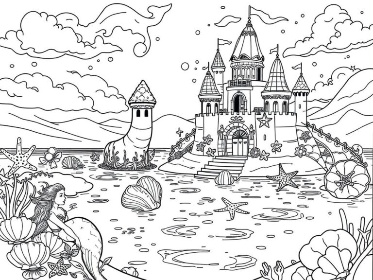 Magical mermaid lagoon summer coloring page with mermaids playing near a fantasy sandcastle