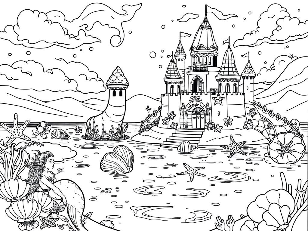 Magical mermaid lagoon summer coloring page with mermaids playing near a fantasy sandcastle