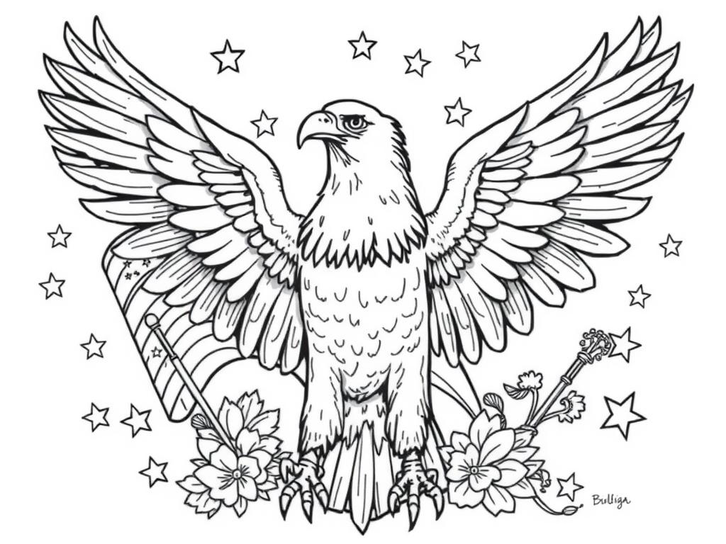 Patriotic eagle summer coloring page with American eagle and flag Patriotic eagle summer coloring page with American eagle and flag