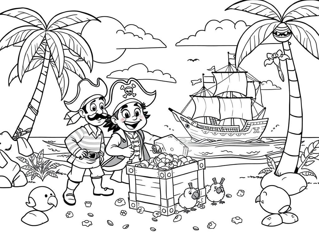 Pirate treasure beach summer coloring page with friendly pirates finding a treasure chest Pirate treasure beach summer coloring page with friendly pirates finding a treasure chest