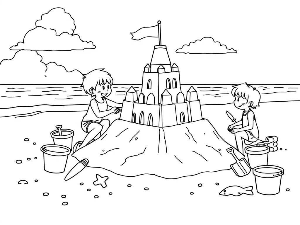 Sandcastle building summer coloring page with children creating a large sandcastle Sandcastle building summer coloring page with children creating a large sandcastle