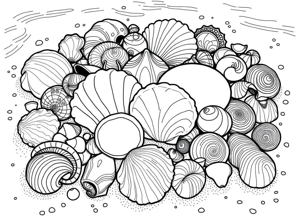 Seashell collection summer coloring page with various detailed seashells Seashell collection summer coloring page with various detailed seashells