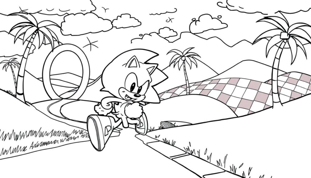 Sonic running through Green Hill Zone landscape coloring page Sonic running through Green Hill Zone landscape coloring page