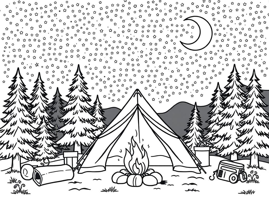 Starry night camping summer coloring page with tent and campfire under stars Starry night camping summer coloring page with tent and campfire under stars