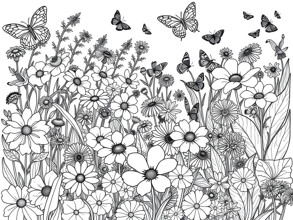 Summer garden scene coloring page with detailed flowers and butterflies Summer garden scene coloring page with detailed flowers and butterflies