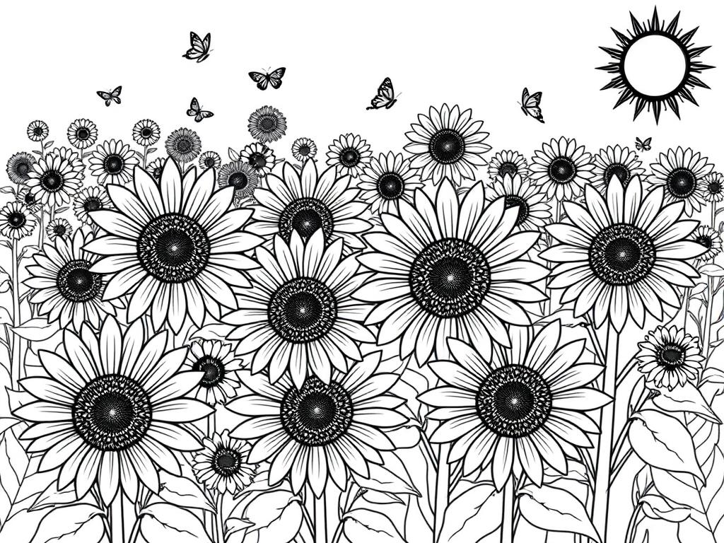 Sunflower field summer coloring page with multiple sunflowers Sunflower field summer coloring page with multiple sunflowers