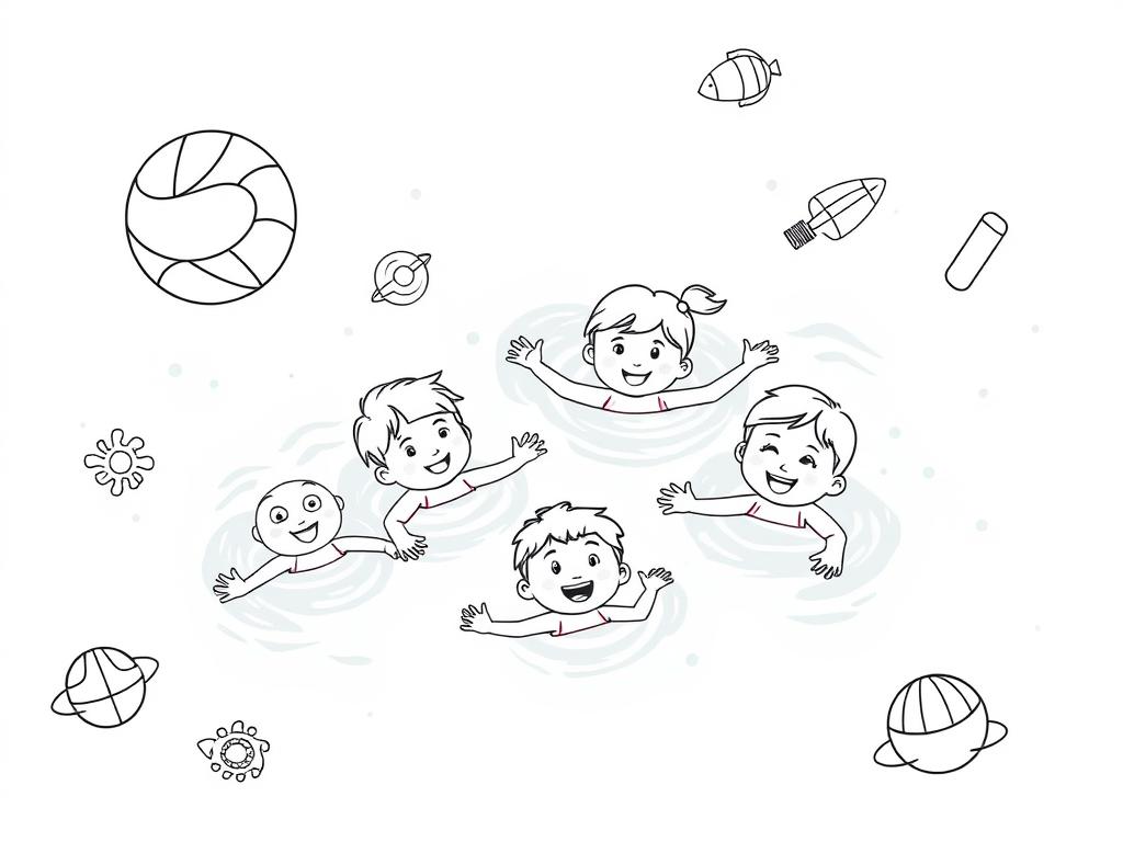 Swimming fun summer coloring page with children in a pool Swimming fun summer coloring page with children in a pool
