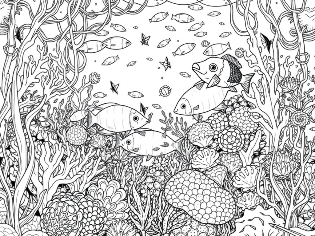 Underwater coral reef summer coloring page with detailed marine life Underwater coral reef summer coloring page with detailed marine life