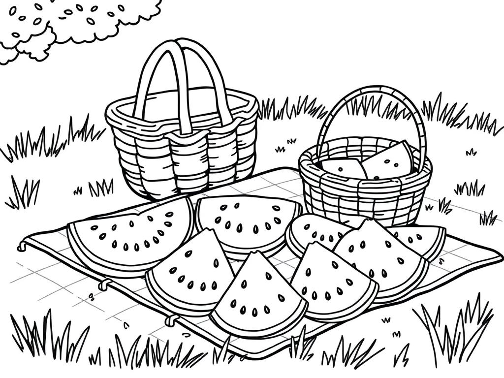 Watermelon picnic summer coloring page with watermelon slices and picnic setting Watermelon picnic summer coloring page with watermelon slices and picnic setting